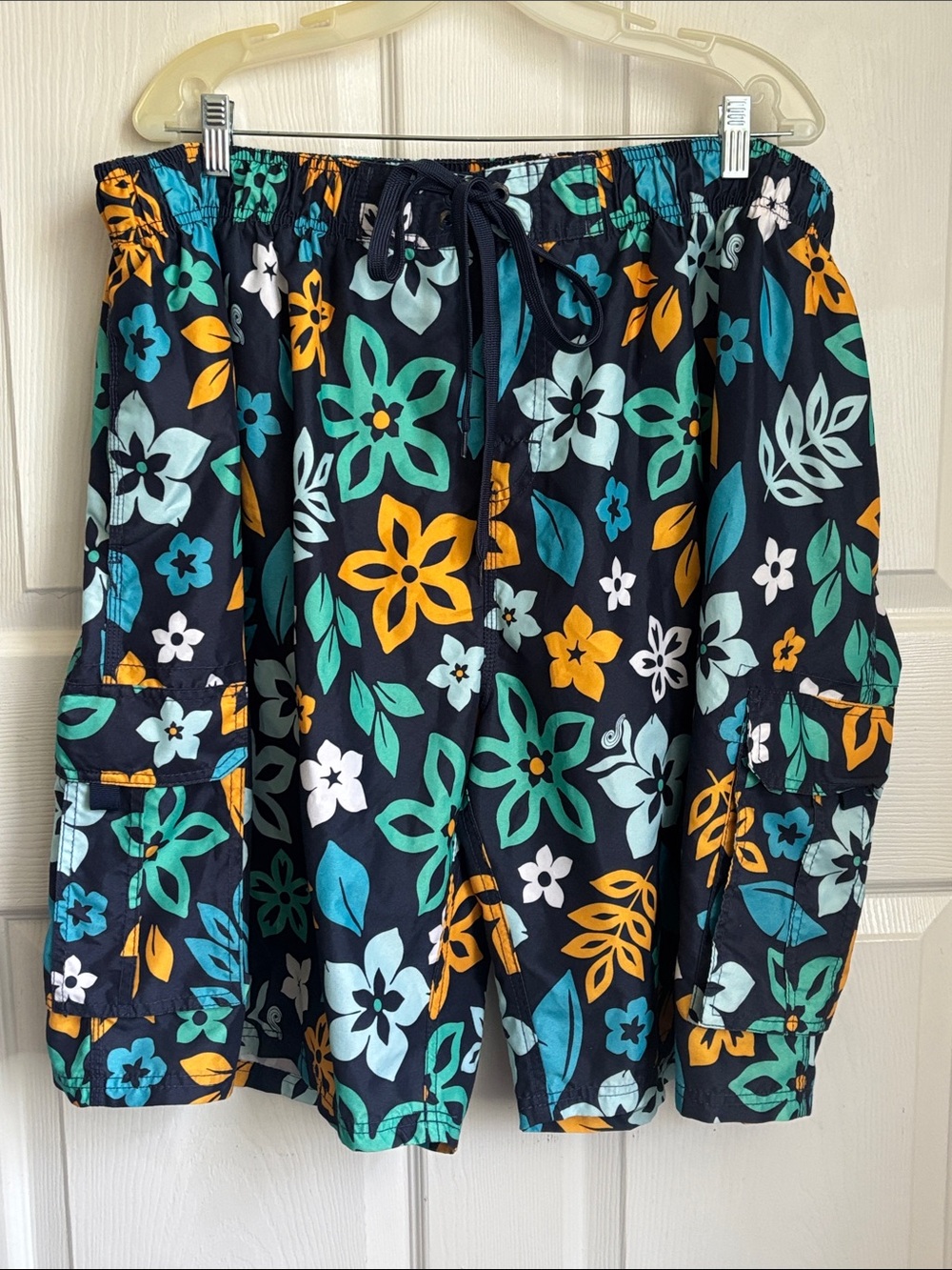 KAVU Navy Floral Drawstring Lined Swim Trunks Blue Floral Size 5X Resort Beach